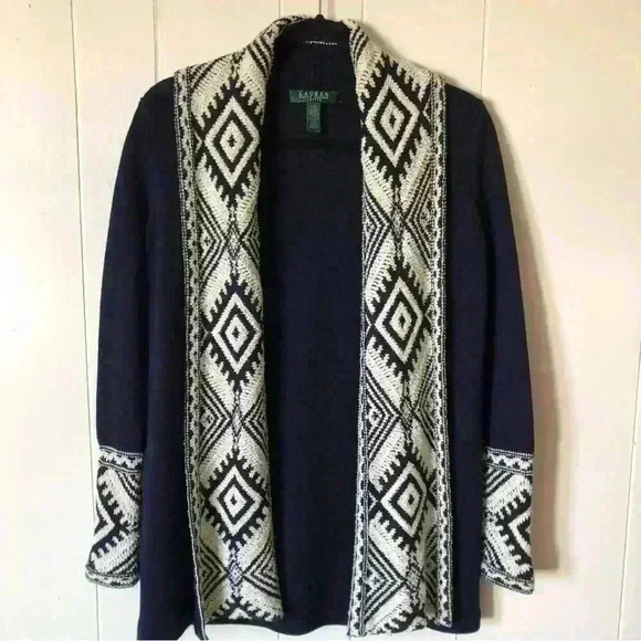 Lauren Ralph Lauren Open Front Navy Aztec Cotton Blend Cardigan Size PXS - Picture 1 of 10